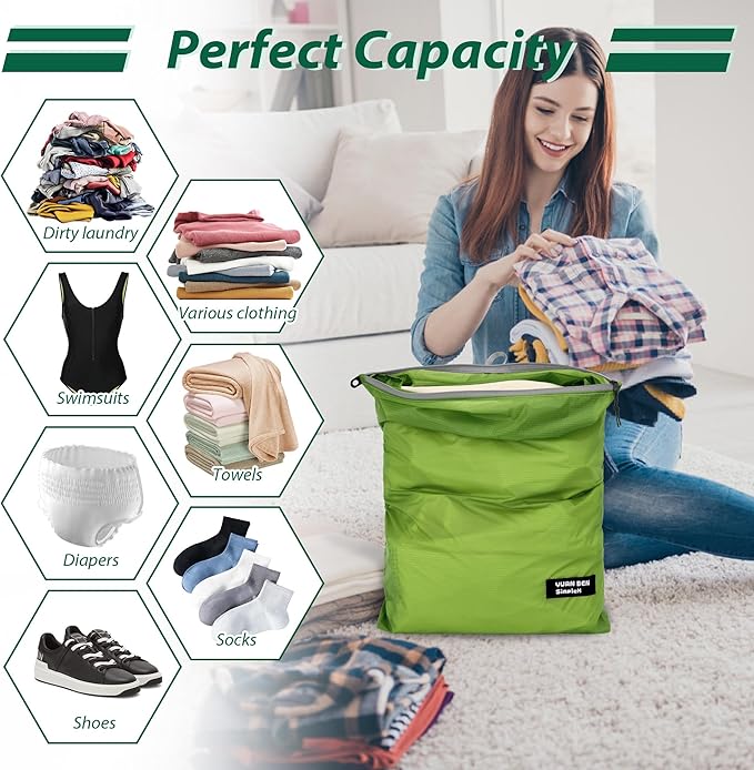 Veki 2 Pack Travel Laundry Bag, Waterproof Dirty Clothes Bags with Handles, Washable Wet Dry Bag, Essential Storage Organizer for Camping, Gym, Swimsuit, Suitcase, College Dorm (White&Green, Large)