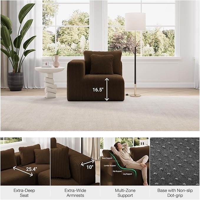 Novilla Modular Sectional Sofa, Modern Cloud Sectional Couch with Smarts Coil® Support, Upholstered Boneless Couch for Living Room Apartments Bedroom, No Assembly Required, Brown (Armless Chair)