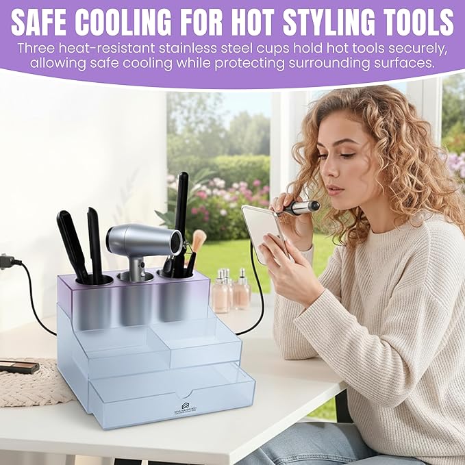 NovaHeavensNest Premium Vanity Hair Tool Organizer Translucent Frozen Acrylic | Large Bathroom Organizer Countertop & Drawer Storage for Hair Tools | Slip-Resistant Hairdryer & Curling Iron Holder