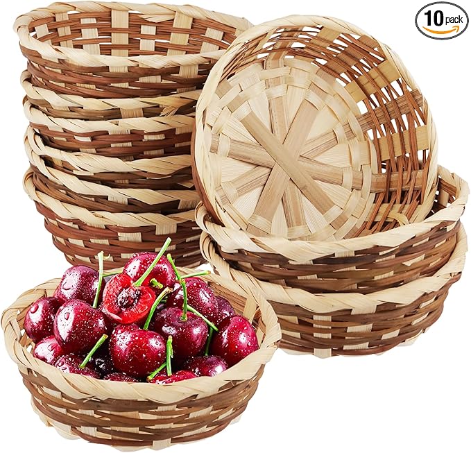 10 Pack Bamboo Woven Basket, 7 x 7 x 2.4 Inch Round Fruit Bread Food Storage Basket for Home Kitchen Restaurant