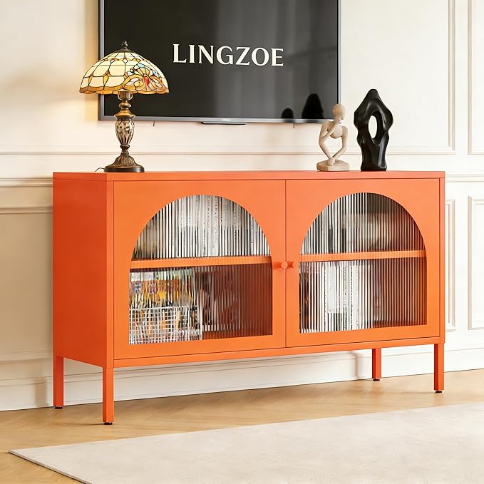 Metal Locker TV Stand, Modern Accent CD Storage Cabinet with 2 Acrylic Doors, Short Display Cabinet with Adjustable Shelf, TV Cabinets for Home,Office,Entryway,Dining/Living Room,Bedroom,Orange
