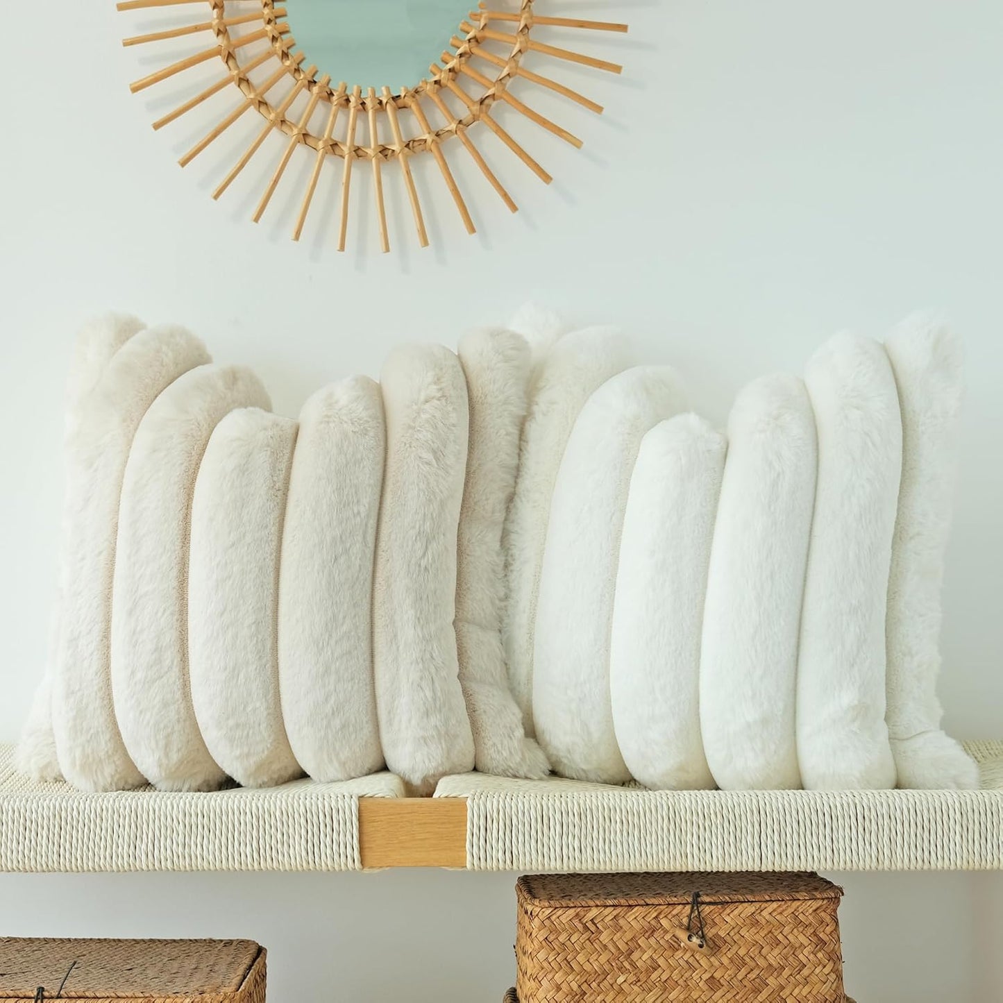 JOJUSIS Pack of 2 Faux Fur Plush Decorative Throw Pillow Covers Couch Cushion Case Soft Fluffy Pillowcases Wide Stripe (Beige, 18 x 18 Inch)