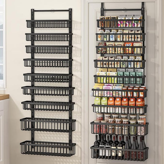 9 Tier Over The Door Pantry Organizer, 2 in 1 Wall Mount or Hanging Spice Rack with Adjustable Basket, Seasoning Organizer and Storage for Kitchen Cabinet Closet Bathroom