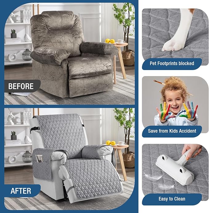 TAOCOCO 100% Waterproof Recliner Cover - Recliner Cover with Non-Slip Granule, Recliner Chair Covers with Elastic Band, Recliner Chair Covers for Reclining Chair(Light Grey, Oversized-30'')