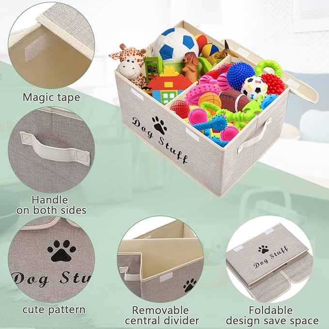 Geyecete Large Storage Boxes - Large Linen Fabric Foldable Storage Cubes Bin Box Containers with Lid and Handles for Dog Apparel & Accessories, Dog Clothing(Beige)