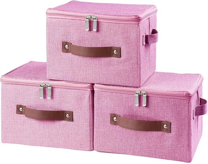 3 Pack Storage Bins with Zipper Lid Fabric Lidded Storage Boxes Baskets Cubes Washable Collapsible PU Leather Handle Cotton Linen Shelves Closet Organizer Container(Pink, Small Size)