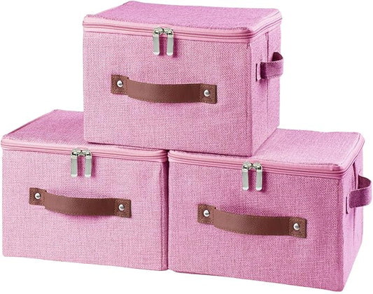 3 Pack Storage Bins with Zipper Lid Fabric Lidded Storage Boxes Baskets Cubes Washable Collapsible PU Leather Handle Cotton Linen Shelves Closet Organizer Container(Pink, Small Size)