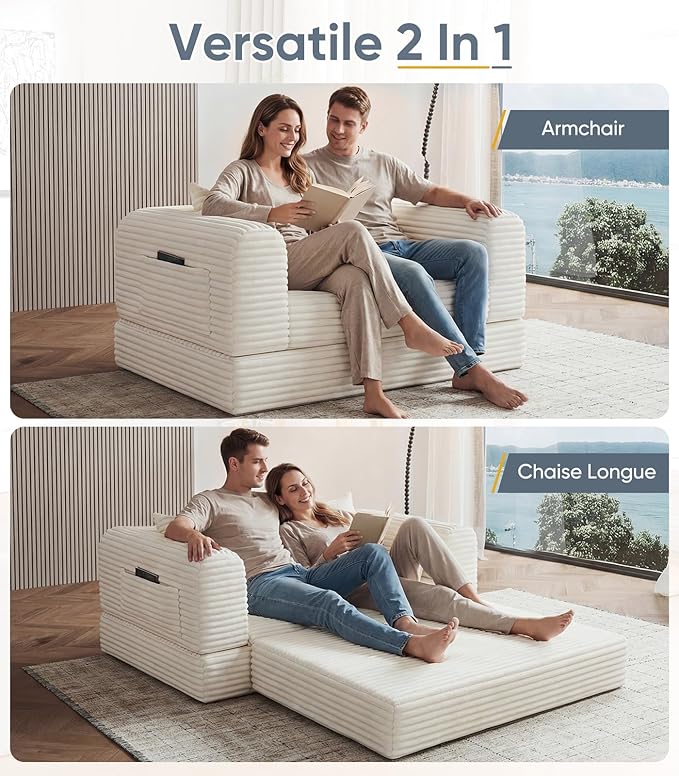 57“ Loveseat Folding Sofa Small Couches Armchair Convertible Chaise Longue Versatile 2 in 1 for Small Spaces, Couch Mid Century Love Seat Couches for Bedroom, Apartment, 2-Seater, Beige