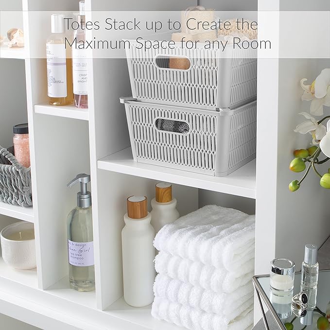 Simplify 4Pk Large Slide 2 Stack It Tote Basket | Storage & Organization | Open Bins with Stackable Capability | Bathroom | Crafts | Pantry | Playroom | Office | Grey (KIT-25930-GREY-4PK)