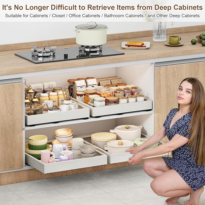 2Pc Pull out Cabinet Organizer,Width (11"-16"),Depth(17"-24") Expandable with 3 Rails,No Drill Roll out Drawers,Adhesive Sliding Drawers,Slide out Shelves for Cabinets Without Lip,Kitchen,Pantry,White