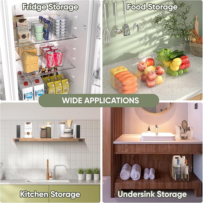 BALEINE Clear Plastic Storage Bins, Pantry Organization, BPA Free Stackable Refrigerator Organizers and Storage with Handles for Kitchen Fridge Cabinet Bathroom (6PK, 10.5x6x5)