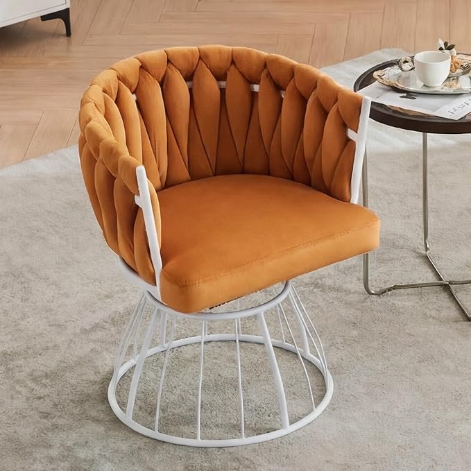 Premium Orange Velour Swivel Chair - Handwoven Tufted Design | Designer Accent Seating