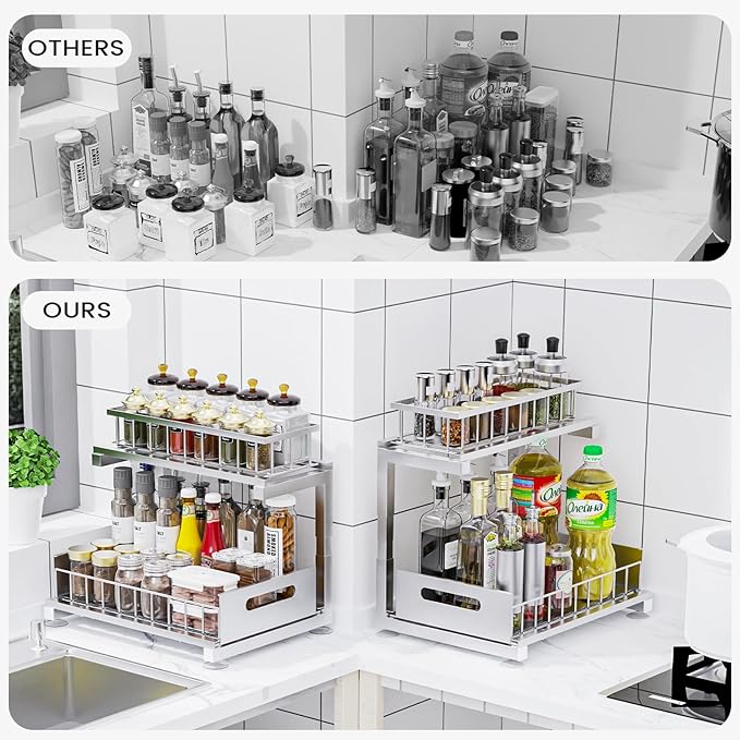 Under Sink Organizer, Heavy Duty Meta Slide Out Sink Shelf Organizer Height Adjustable, Multi-Purpose Storage Shelf for Kitchen Bathroom (Silver,2Pack)