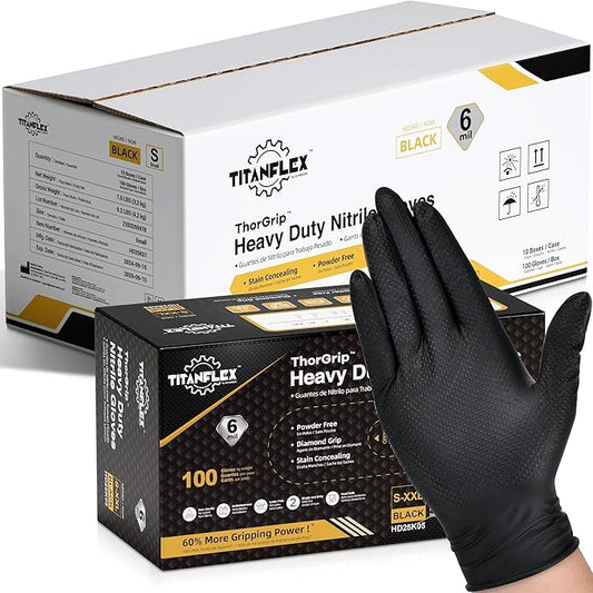 TitanFlex Heavy Duty Black Industrial Nitrile Gloves with Raised Diamond Texture, Latex Free (6mil/8mil)