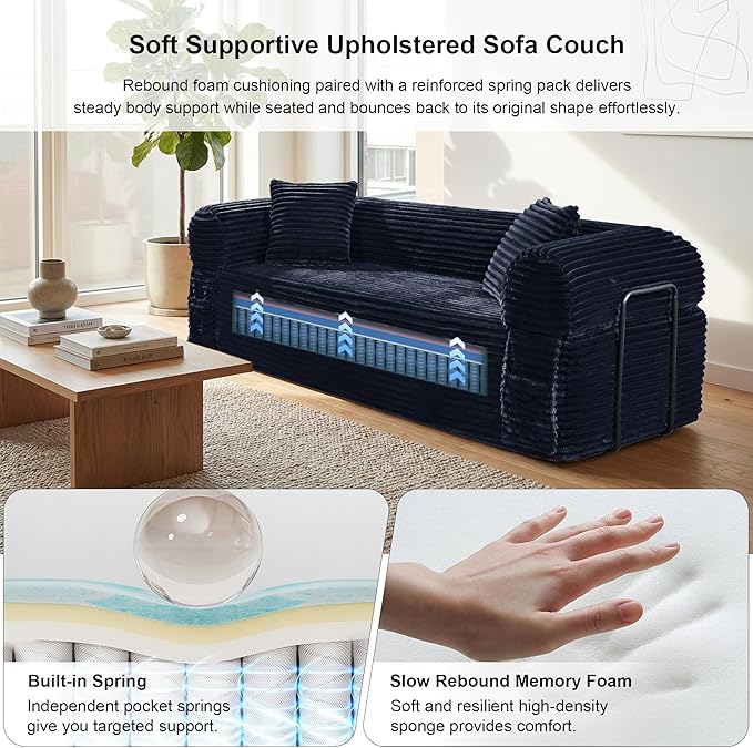 83'' Boneless Couch in A Box, No Assembly Needed Sofa Bed Couch 3 Seater Corduroy Modern Cloud Sofa 29'' Deep Seat with 2 Pillows & Removable Backrest for Living Room, Bedroom, Apartment, Navy Blue | No Assembly Needed, High Density Foam, Removable Bac...
