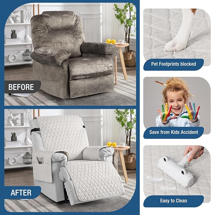TAOCOCO 100% Waterproof Recliner Cover - Recliner Cover with Non-Slip Granule, Recliner Chair Covers with Elastic Band, Recliner Chair Covers for Reclining Chair(White,Medium-25'')