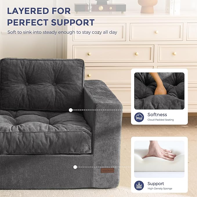 MAXYOYO Boneless Sofa Couch, 75" Oversized Loveseat Sofa, Tufted Floor Couch Bean Bag Chair for Living Room Bedroom Apartment, Sofa in a Box, No Assembly Needed, Dark Grey