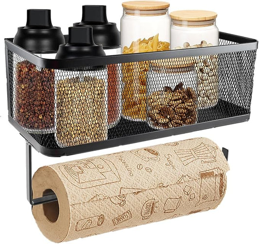 2 Tier Magnetic Paper Towel Holder Wall Mount for Fridge,Metal Mesh Magnetic Spice Rack with Paper Towel Rack Storage Organizer Refrigerators Shelf,No Drilling Removable for Kitchen,Bathroom