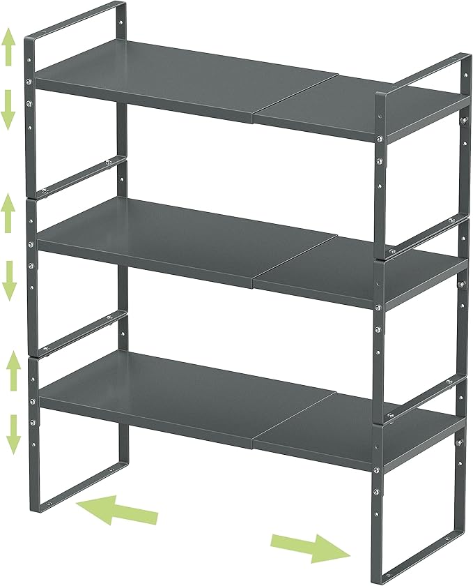 Expandable Stackable Spice Rack Cabinet Shelf Organizer in Cabinets Shelves Kitchen Cupboard Organization Stack up Racks Pantry Countertop Storage (Gray, Medium 3 Packs)
