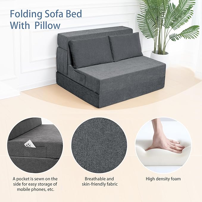 Folding Sofa Bed Chair with Pillow,Convertible Fold Out Chair Bed Sleeper,Foam Floor Mattress, Foldable Futon Couch Bed for Living Room/Dorm/Guest/Office (Grey, Twin XL)