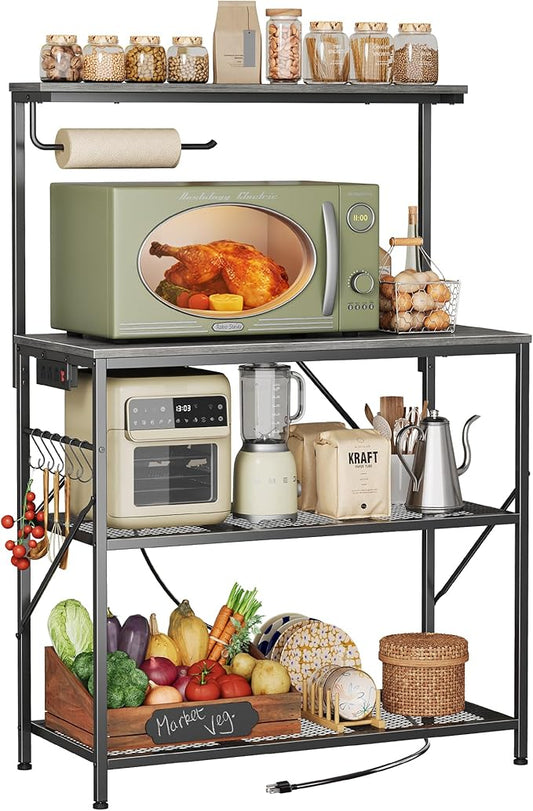 Huuger 4-Tier Bakers Rack with Reversible Power Outlet, 31.5 Inch Microwave Stand with Paper Towel Holder, Kitchen Bar, Larger Storage with Top Shelf, 6 S Hooks, Grey