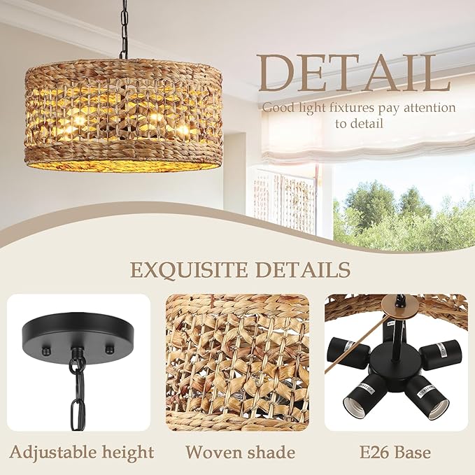 Hand Woven Rattan Pendant Light, 18" 5-Light Wicker Dining Room Light Fixtures Boho Chandelier Coastal Large Hanging Ceiling Lights Natural Lighting for Kitchen Island Living Room Bedroom