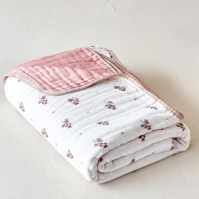 Muslin Blankets 100% Cotton 6-Layer Gauze Floral Pattern Throw Blanket Lightweight Soft and Breathable Queen Size Bed Blanket for Sofa Couch Bed Coverlet Both Sides (Floral Red, Queen 90" X 90")