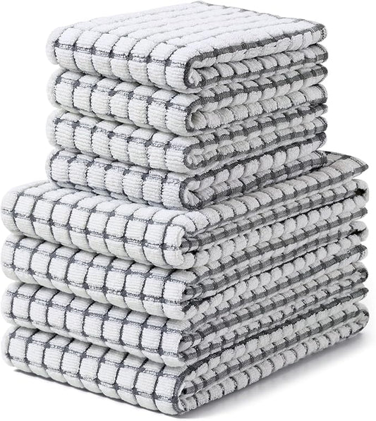 Homaxy Kitchen Towels and Dishcloths Set, 16 x 25 and 12 x 12 Inches, Set of 8 Cotton Terry Kitchen Dish Towels, Super Soft and Absorbent Dish Cloths, Grey