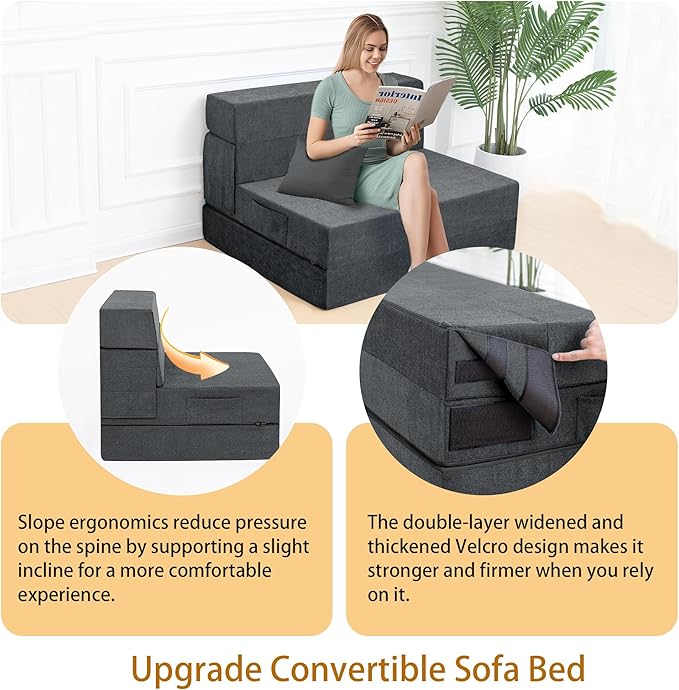 Folding Sofa Bed Chair with Pillow,Convertible Fold Out Chair Bed Sleeper,Foam Floor Mattress, Foldable Futon Couch Bed for Living Room/Dorm/Guest/Office (Grey, Twin XL)