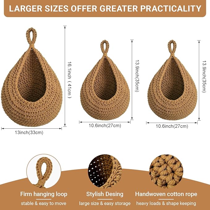 Hanging Fruit Baskets for Kitchen, 3 Pack Boho Cotton Rope Handwoven Vegetable Storage Wall Mounted Large Organizing Basket for Farmhouse Decor, Onion, Potato, Garlic and Plants (Caramel)