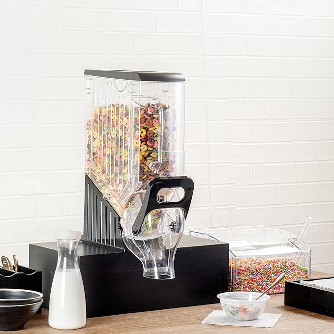 Restaurantware Cereal Dispenser 3.5 gal Plastic Gravity Bin Candy Dispenser Self-Serve Black Dry Food with Stand for Breakfast Buffet or Hotel Use