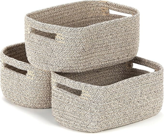 Bidtakay Small Cotton Rope Storage Baskets for Organizing 3 Pack Woven Baskets for Storage Closet Organizer Bins for Shleves 11.8×7.8×5 inch Cute Boho Decorative Basket with Handles - Light Tan