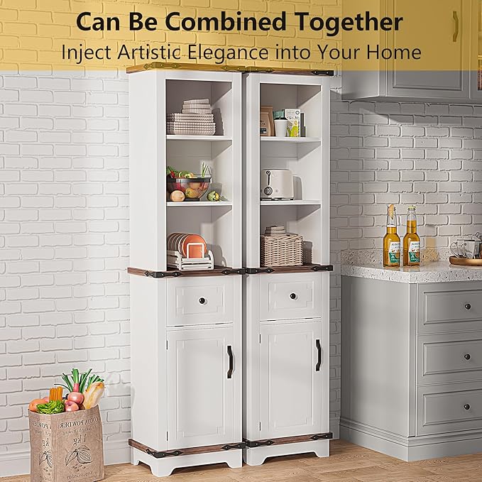 63 Inch Tall Corner Cabinet, Modern Corner Storage Cabinet with Door & Adjustable Shelves & Drawers, Anti-Tipping Free Standing Linen Tower for Bedroom, Bathroom, Kitchen, Pantry (White)