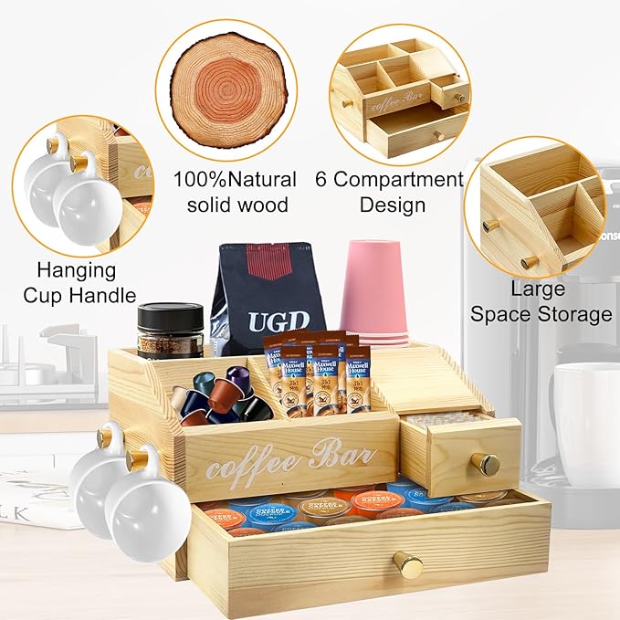 Coffee Station Organizer - Farmhouse Wood Kcup Holder for Counter, Countertop Snack Organizer with Hanging Handles, Suitable for Snacks, Coffee Capsules, Syrups and Various Accessories（Wood）