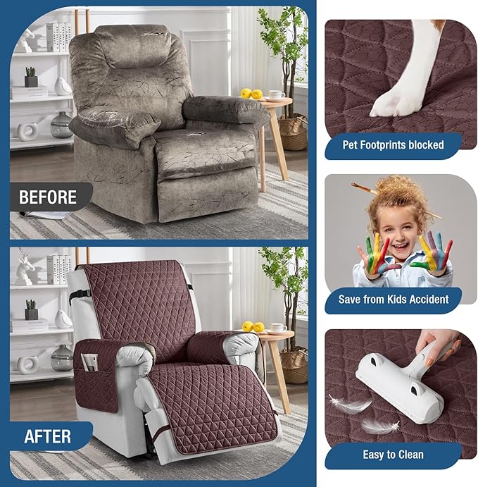 TAOCOCO 100% Waterproof Recliner Cover - Recliner Cover with Non-Slip Granule, Recliner Chair Covers with Elastic Band, Recliner Chair Covers for Reclining Chair(Coffee, Large-28'')