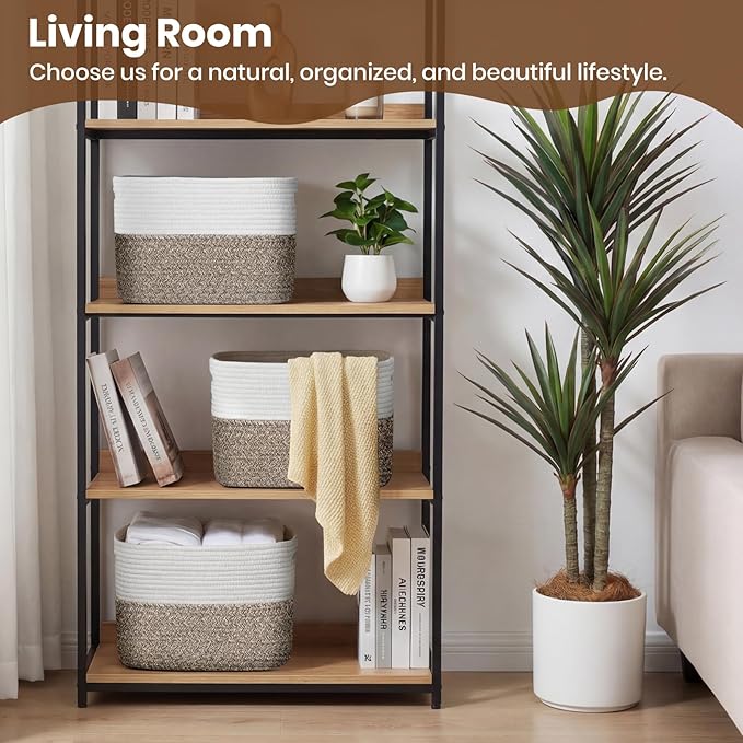Storage Baskets for Organizing, 14 x 10 x 9” Closet Shelf Woven Baskets, Square Bins with Handles, Cotton Rope Basket for Toys, Clothes, Office, Room, White+Dark brown 1 Pack