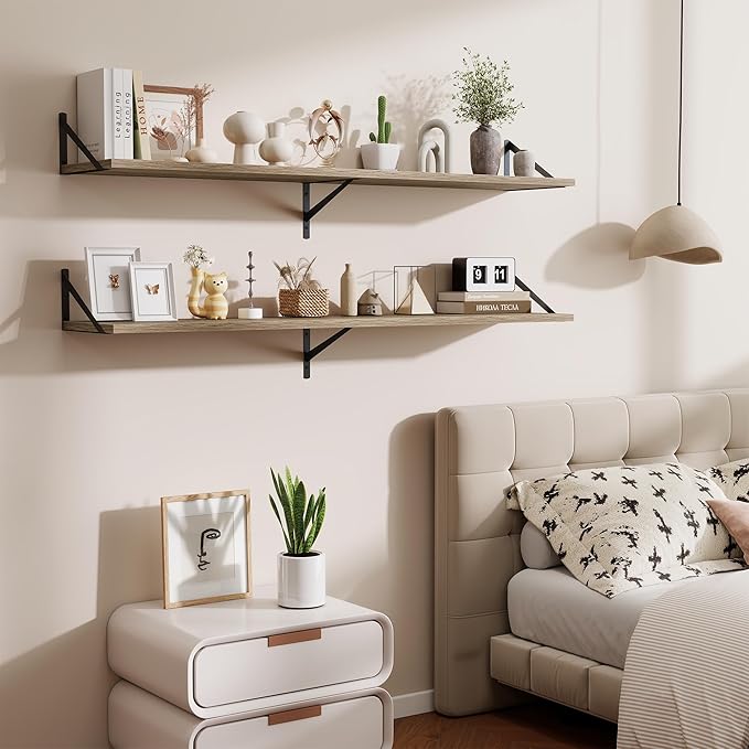 Deep Floating Shelves,55" Wx10 D Wood Wall Shelves Set of 2,Long Wood Floating Shelf with Metal Brackets,Floating Bookshelf for Living Room,Kitchen,Office,Bedroom,Decor Storage,Grey