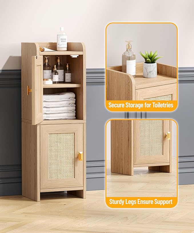 Rattan Small Bathroom Cabinet with 2 Doors, 7.9''D x 9.8''W Narrow Toilet Paper Storage Cabinet, Bathroom Organizer for Small Spaces, Wooden Slim Corner Unit with Adjustable Shelf, Natural Oak