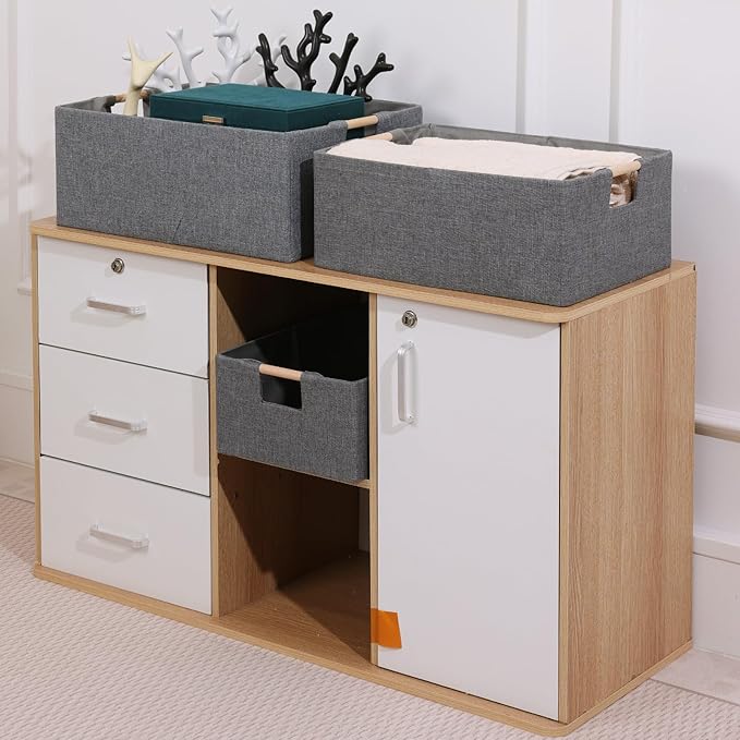 ANMINY 2PCS Storage Baskets for Organizing Collapsible Fabric Storage Bins Boxes with Wood Handles Closet Shelves Cube Organizer Bins Clothes Laundry Storage Container - Medium, Gray