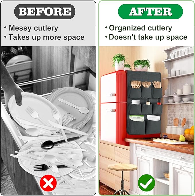 Biubee Extended Mini Fridge Caddy Organizer - 55" x 13" Back to School Dorm and Office Over the Fridge Storage Organizer with 12 Pockets for Flatware Drink Paper Goods, College Must Have, Gray