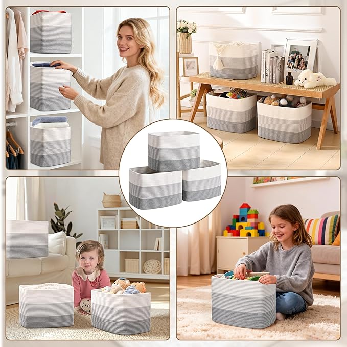 3 Pack Cube Storage Bin, 17”x12”x12” Cotton Rope Woven Baskets for Organizing Toys Clothes Towels, Square Gift Storage Baskets for Shelves, Nursery, Closet, Bathroom, Pantry (3-Tone Gray)