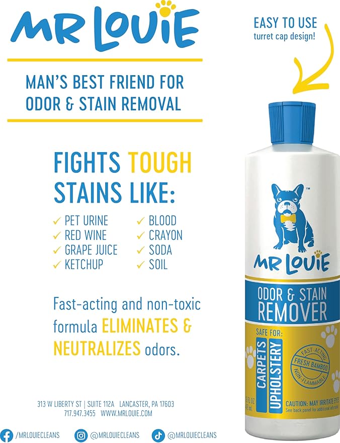 MR LOUIE Pet Stain & Odor Remover for Carpet & Upholstery - Precision Pour No-Spray Cleaner for Dog & Cat Urine, Vomit & Tough Stains - Safe for Kids & Pets (16oz)
