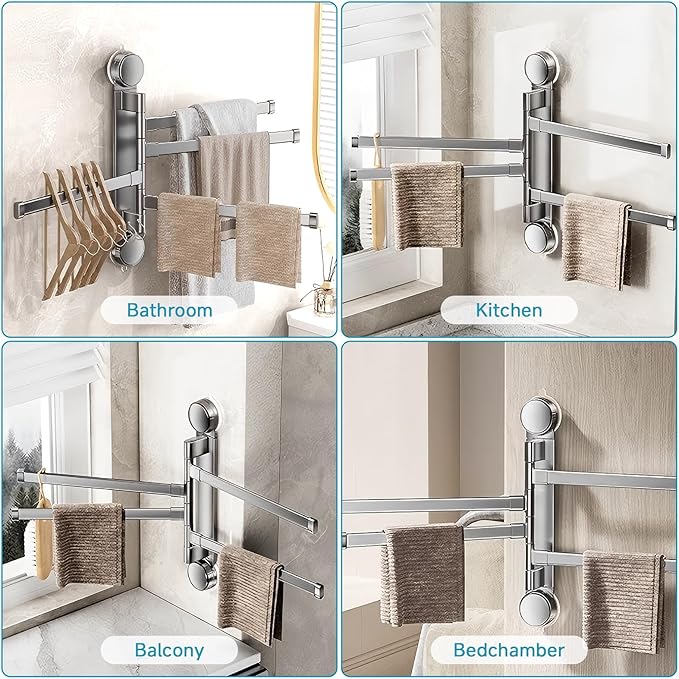 Suction Cup Towel Rack,Space Saving Wall Mounted Swivel Towel Holder, SUS304 Stainless Steel 4-Arm No Drilling Towel Bar for Bathroom, Kitchen-Grey