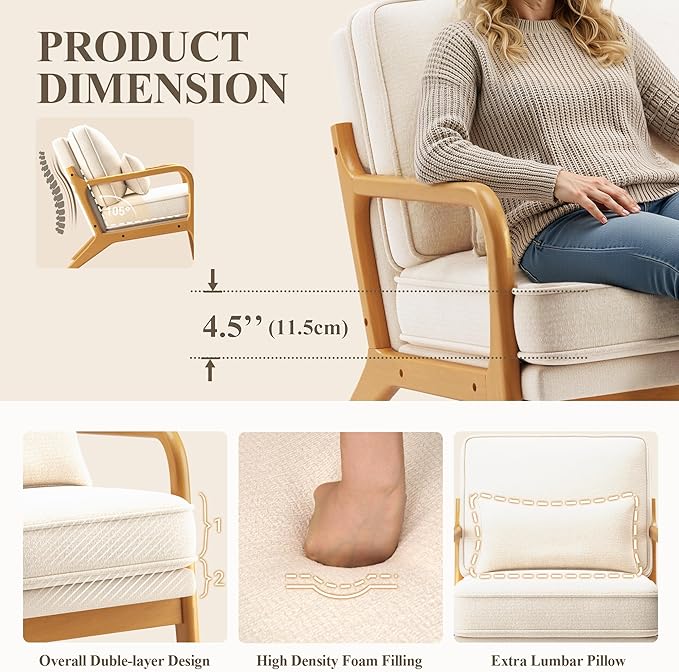 Mid-Century Accent Chair with Solid Wood Frame, Reading Relaxing Armchair Lumbar Pillow& Soft Cushion, Leisure Chair for Living Room, Bedroom, Waiting Room-Beige