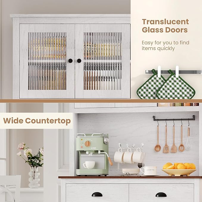 GarveeHome Kitchen Pantry Storage Cabinet, 71 in Tall Wood Pantry with Microwave Stand, Modern Kitchen Hutch Cabinet, Coffee Bar Hutch with Wine Rack for Dining Room, Living Room, White
