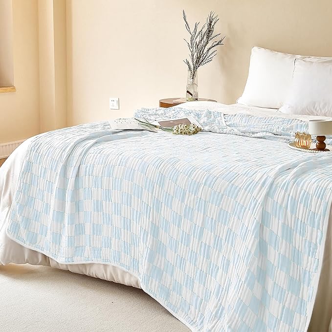Ultra Soft Cozy 6-Layer Muslin 100% Cotton Checkered Throw Blanket Breathable Lightweight Checkboard Bed Blankets Decorative for Sofa Bed All Seasons Both Sides (Light Blue, Queen 90"x90")