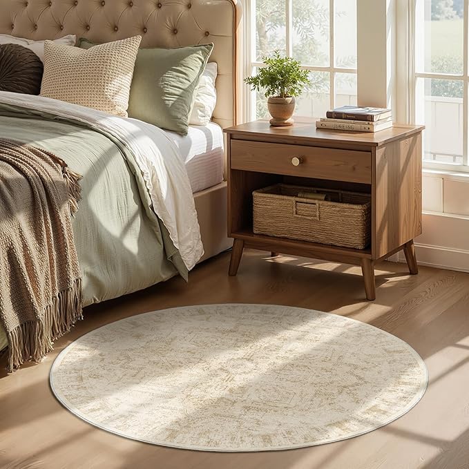 Neutral Beige Round Rugs 5ft, Washable Non Slip Thin Circle Rugs for Bedroom Living Room, Traditional Medallion Printed Circle Carpet 5 feet for Kitchen Dining Room