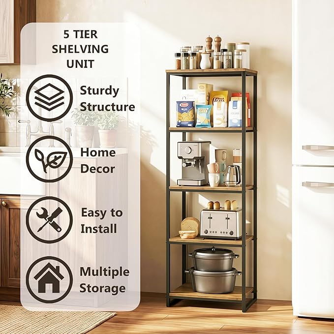 5-Tier Bathroom Shelving Unit, 47" H Narrow Open Floor Shelves, Metal Corner Slim Storage Rack for Bathroom Laundry Room Kitchen Living Room, Rustic Brown