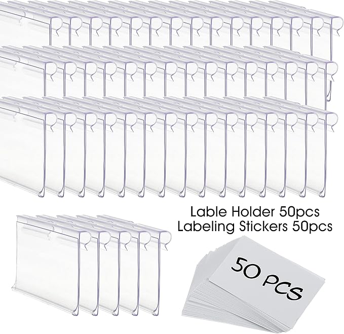 50pcs Labels for Storage Bins Plastic Label Clip, Basket Labels Clip On Wire Shelf Price Label Holder Merchandise Sign Display Holder, 50pcs Label Insert Included (1.96IN*1.65IN)