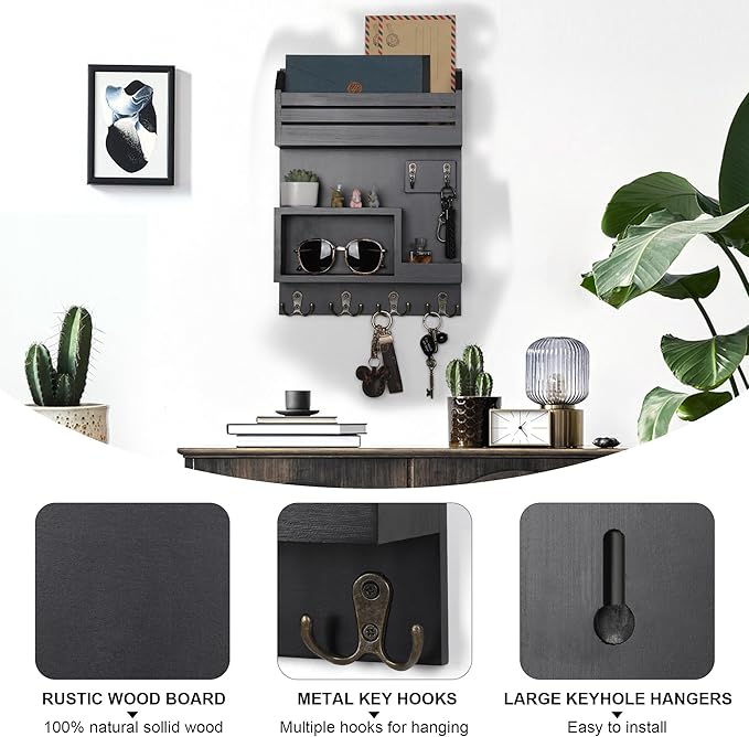 Key Holder for Wall, Wall Mounted Mail Organizer with 6 Metal Key Hooks, Key Racks for Home Entryway Decor, Luxury Black